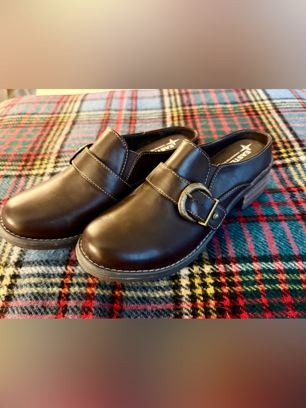 Size 7.5 Eastland Brown Leather Slip On Buckle Erin Mule Slide